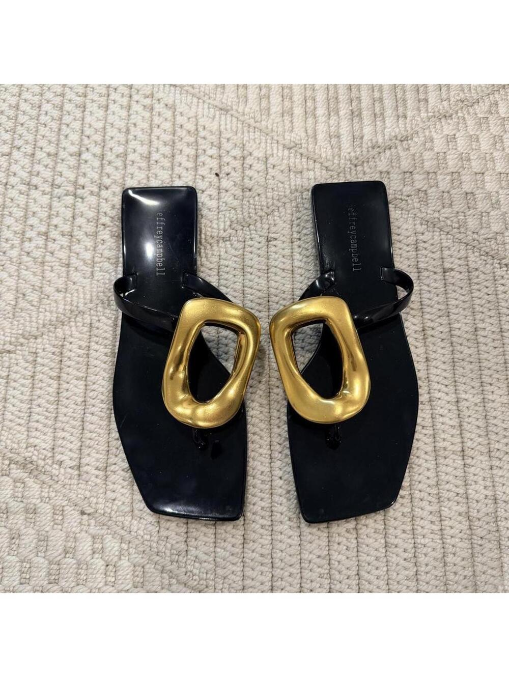 SOLD Jeffrey Campbell Linques- J Jelly Sandals in Black Finish with Gold Har - Picture 2 of 5